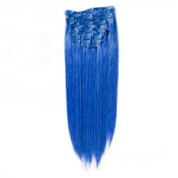 16" Blue 7pcs Clip In Indian Remy Human Hair Extensions